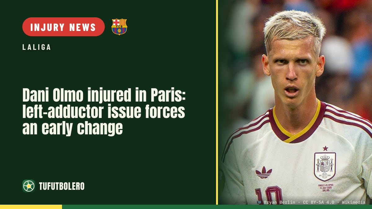 Dani Olmo injured in Paris: left-adductor issue forces an early change