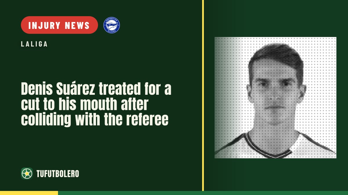 Denis Suárez treated for a cut to his mouth after colliding with the referee