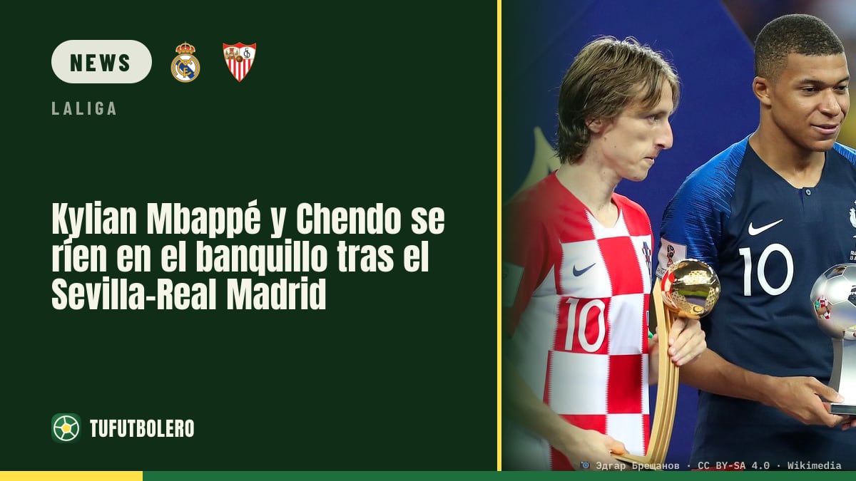Kylian Mbappé and Chendo share a laugh on the bench after Sevilla-Real Madrid