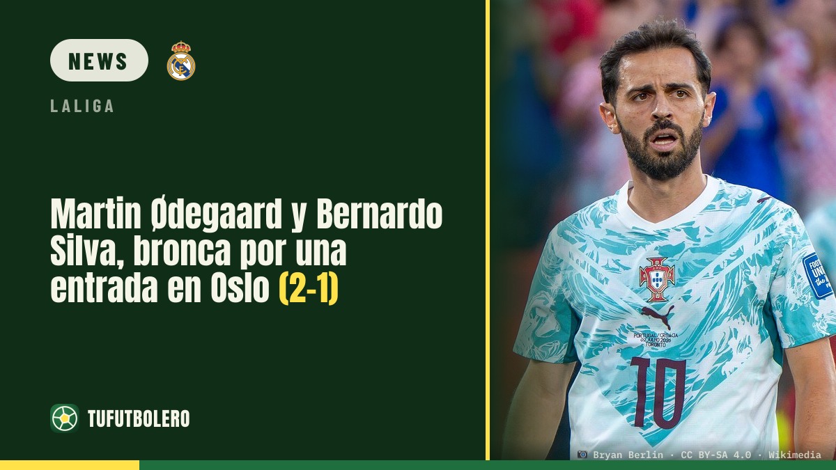 Martin Ødegaard and Bernardo Silva clash over a late challenge in Oslo (2-1)