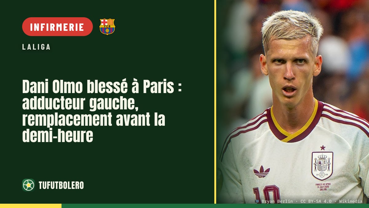 Dani Olmo blessé à Paris : adducteur gauche, remplacement avant la demi-heure