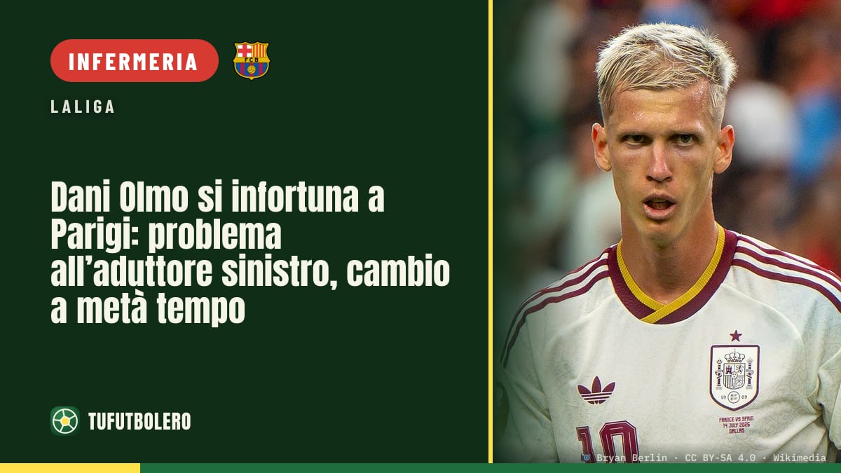 Dani Olmo si infortuna a Parigi: problema all’aduttore sinistro, cambio a metà tempo